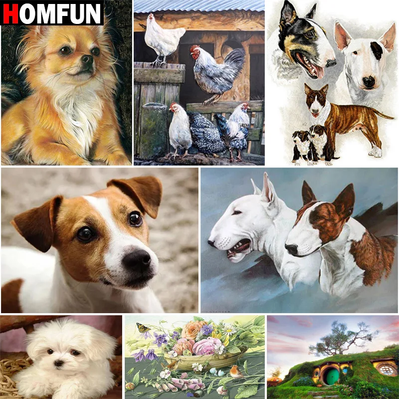 

Алмазная 5D картина HOMFUN «Собака, курица, цветок», вышивка крестиком, полный квадрат/круглый холст, домашний декор, подарок