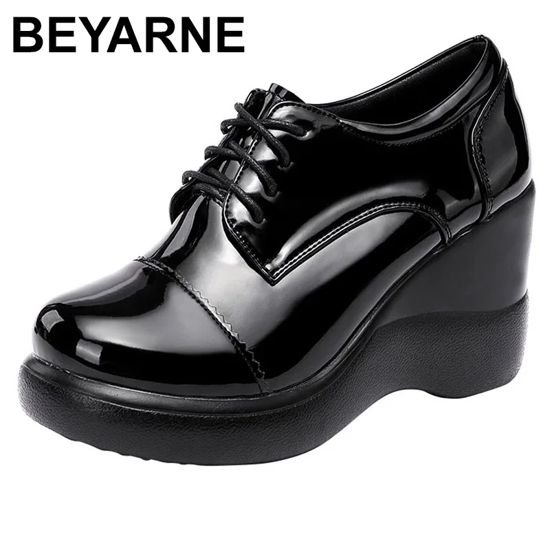 

BEYARNEPlus Size32-43Platform Wedges Shoes Women Patent Leather Shoes 2021 Fall Winter High Top High Heels Shoes Ladies Fur Shoe