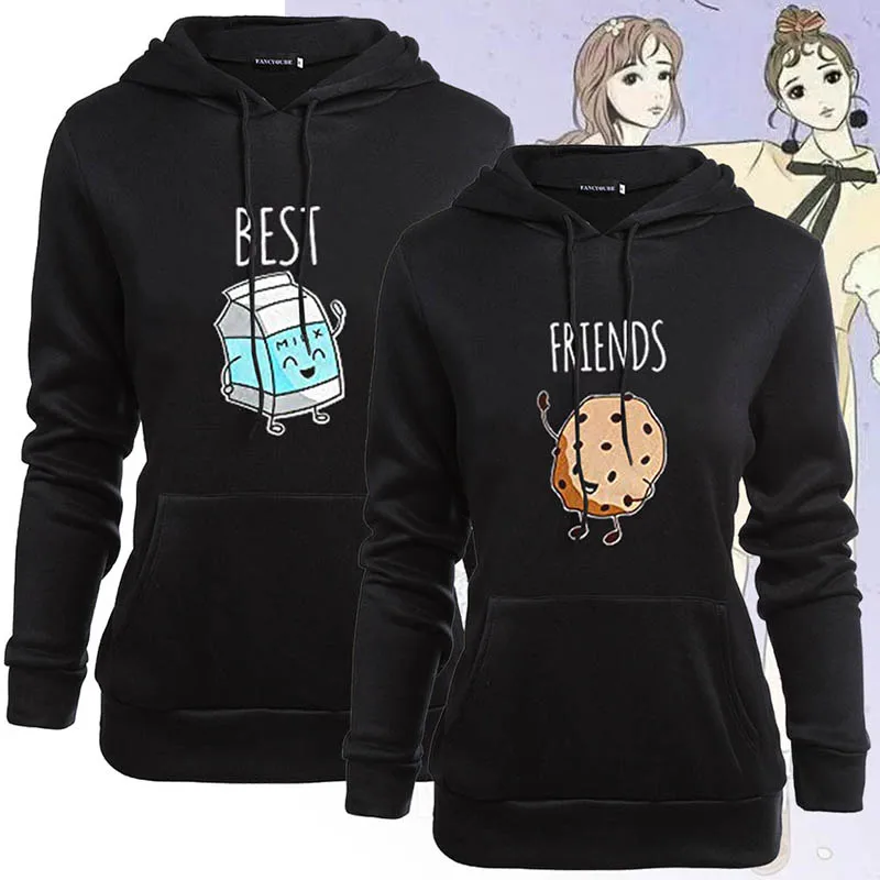 Модные толстовки Best Friends, осенне-зимние женские толстовки с капюшоном и длинным рукавом, женские пуловеры с принтом гамбургера и молока