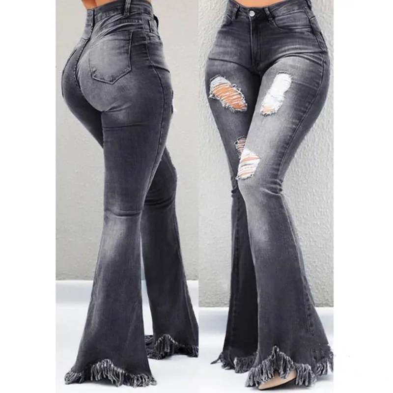 Женские джинсы с завышенной талией рваные расклешенные брюки бахромой
