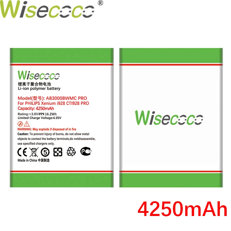 WISECOCO 4250 мАч AB3000BWMC Батарея для мобильного телефона Philips Xenium I928 CTI928 мобильный