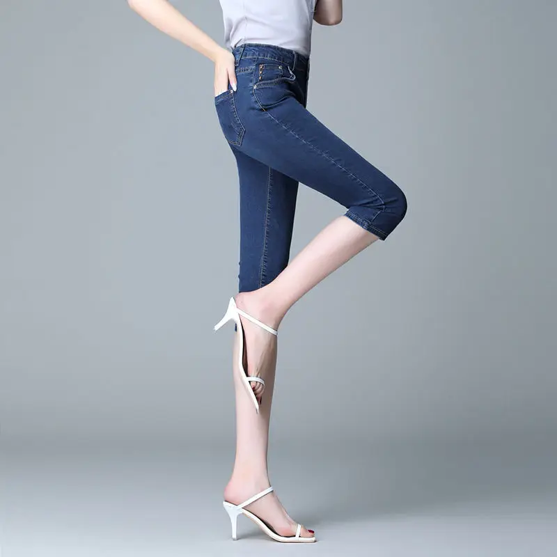 

Jeans For Women High Waist Jeans Woman Casul Blue Stretch Jeans Female Washed Denim Skinny Calf Length Pencil Pants