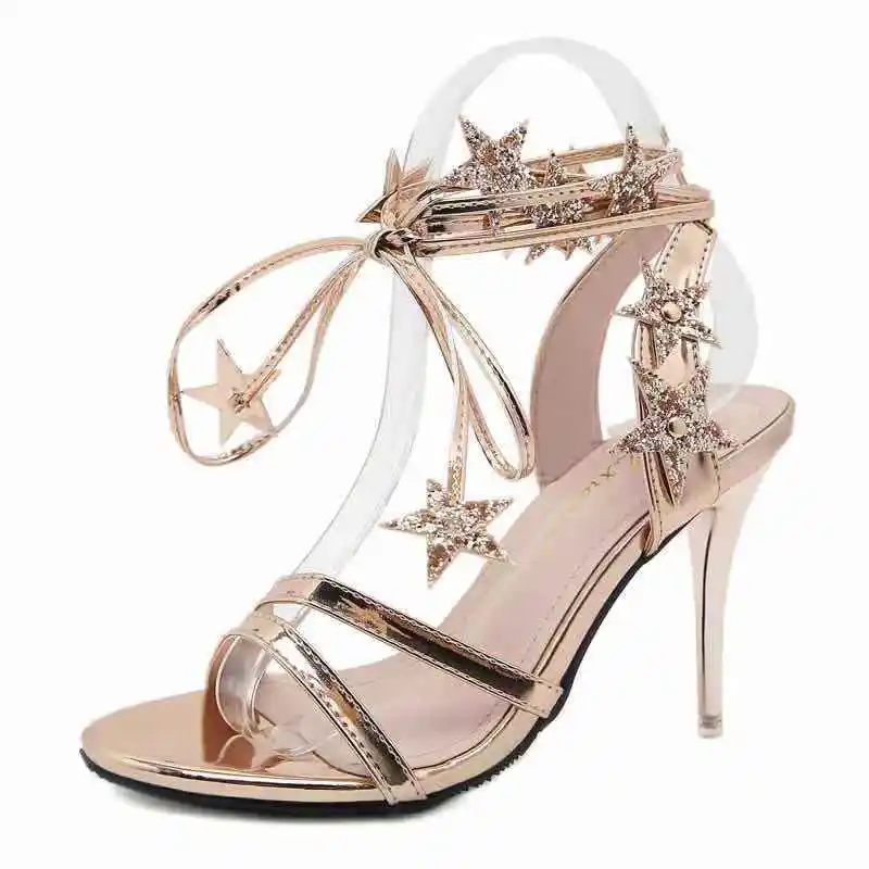 

Gold Silver Women Fashion Sandals Bling Summer Star Lace Up Lady's Sexy High Heeled Shoes Luxury Dress Shoes Party Wedding New