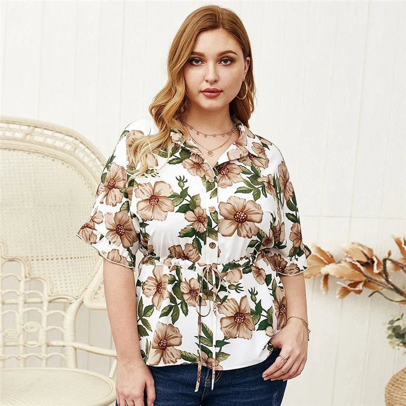 Женская темпераментная блузка размера плюс, Новинка лета 2021, Повседневная модная сексуальная блузка с коротким рукавом и отложным воротник...