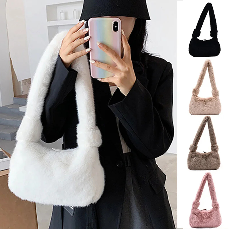 

Fashion Women Plush Solid Color Shoulder Underarm Bag Soft Retro Mini