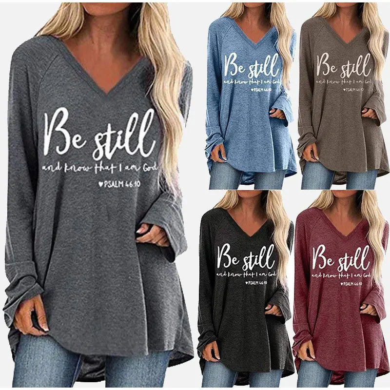 Женская футболка с v образным вырезом и длинными рукавами свободная летняя