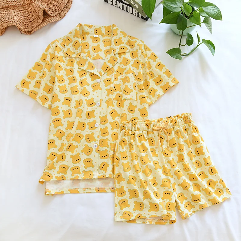 

Пижамный комплект с милым медведем, женская одежда для сна, 100% Трикотажная хлопковая Повседневная Весенняя Пижама с коротким рукавом и длин...