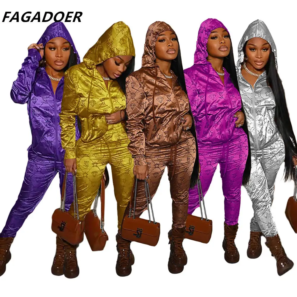 

Модные Светоотражающие цветные спортивные комплекты FAGADOER, Женское пальто на молнии с капюшоном и облегающие брюки, уличная одежда из двух предметов с принтом на осень 2021