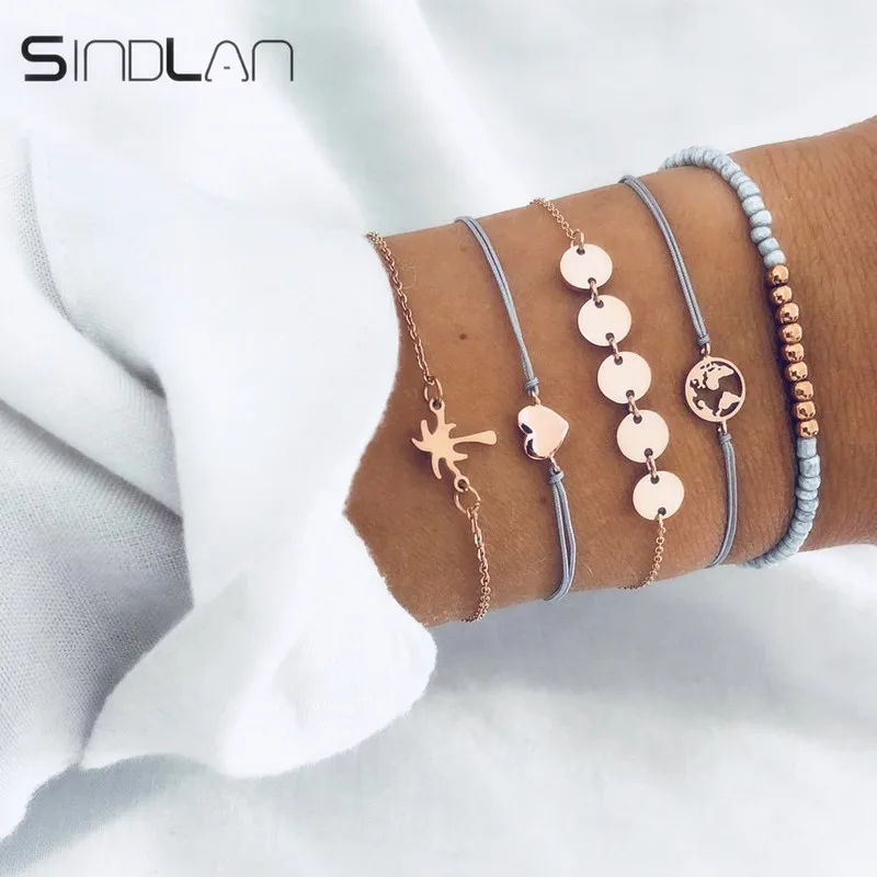 Sindlan 5 шт Простые Модные кокосовое браслеты с деревом Золото Круглый блестка
