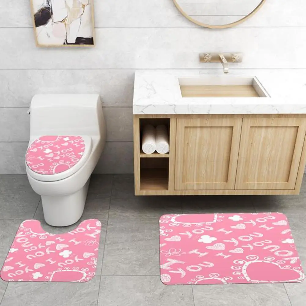 

3pcs/set Floor Cover English Letter+heart-shaped Print Bathroom Mat Protective Pad