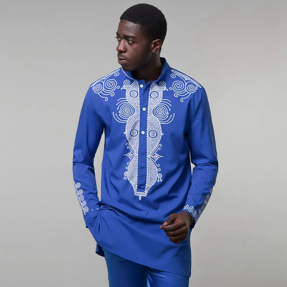 Opslea Dashiki африканская Мужская рубашка с длинным рукавом и стоячим воротником Bazin Riche с национальным этническим принтом Одежда Повседневная приталенная рубашка
