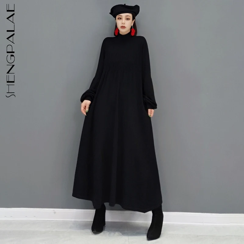 

SHENGPALAE fashion solid color dress women's autumn 2021 new round neck waist short sleeve mid-calf dresses female tide