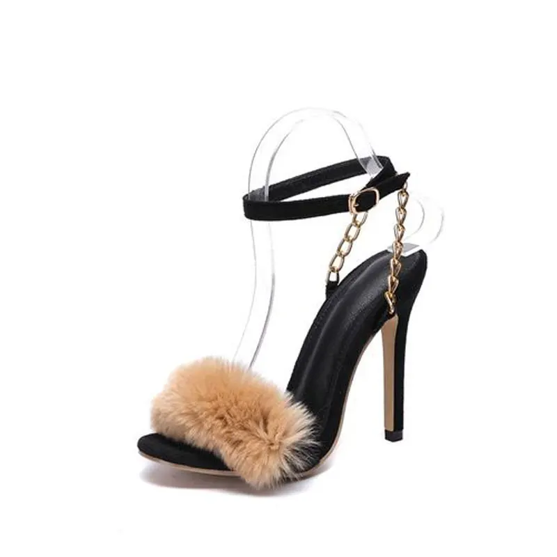 Новые летние меховые босоножки 2019 туфли на высоком каблуке с ремешком щиколотке