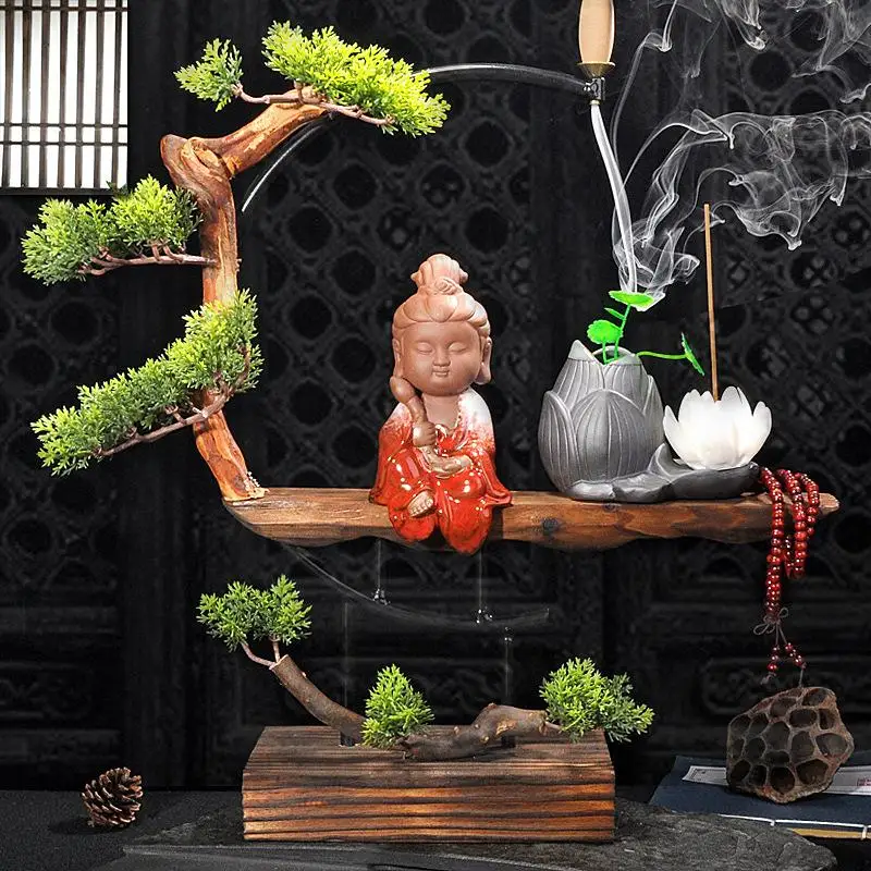 

Little Bodhisattva Backflow Incense Burner Holder Gift 20 Pcs Cones Smoke Waterfall Incense Sticks Holder Use In Home Teahouse