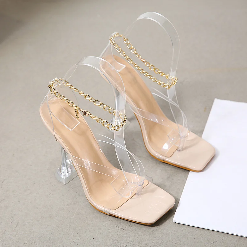 

2021 new high heel sandal chain square head crystal heel sandals