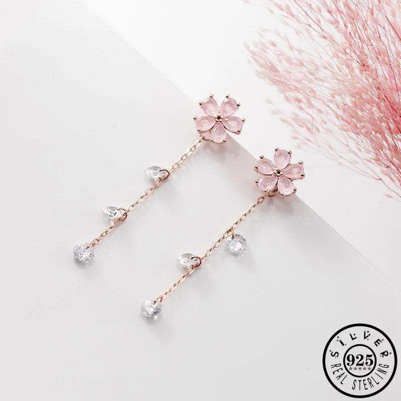 

925 Sterling Silver Pink Cubic Zirconia Flower Shape Rose Gold Color Plated Long Tassel Chain CZ Dangle Drop Earrings for Women