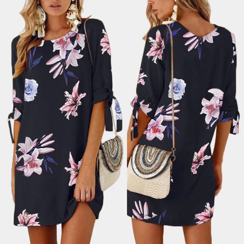 Женское шифоновое мини платье с цветочным принтом и круглым вырезом коротким