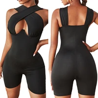 women sexy soft solid black color halter romper sleeveless hollow out crossed high waist jumpsuit for summer