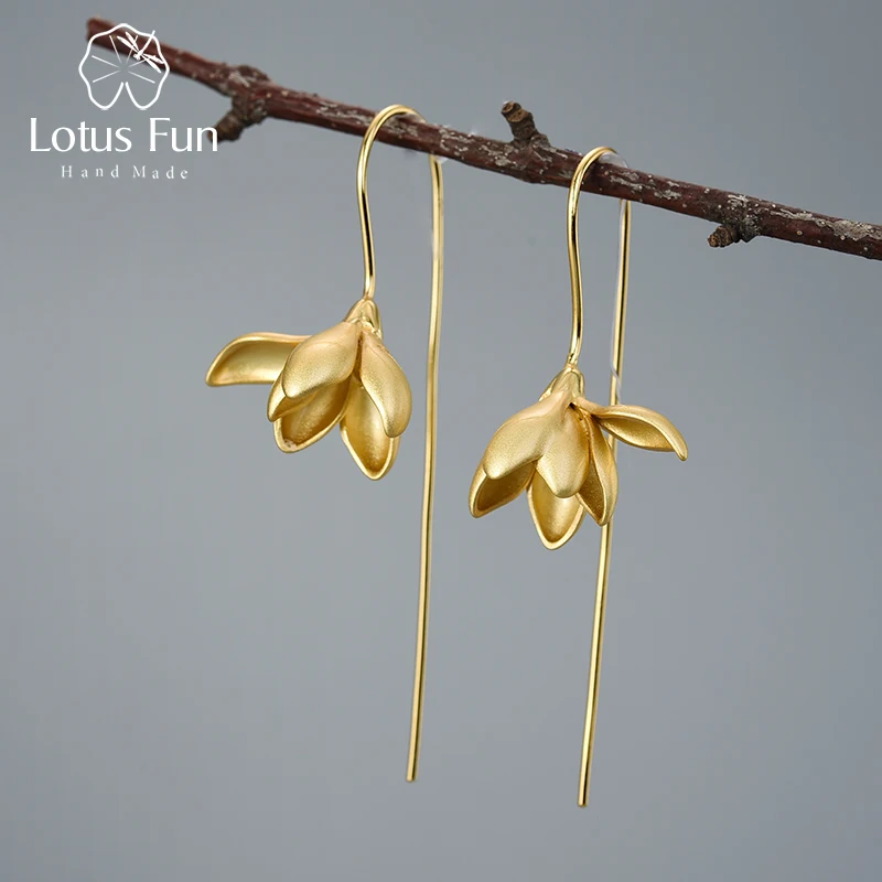 Компания Lotus Fun 18K золото элегантный цветок магнолии висячие серьги реальные 925