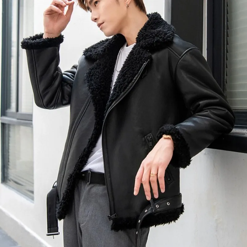 

Luxury Men Motorcycle Short Genuine Leather Jacket Winter Thick Warm Wool Outerwear Plus Size 5XL Fashion Loose Shearling Coat