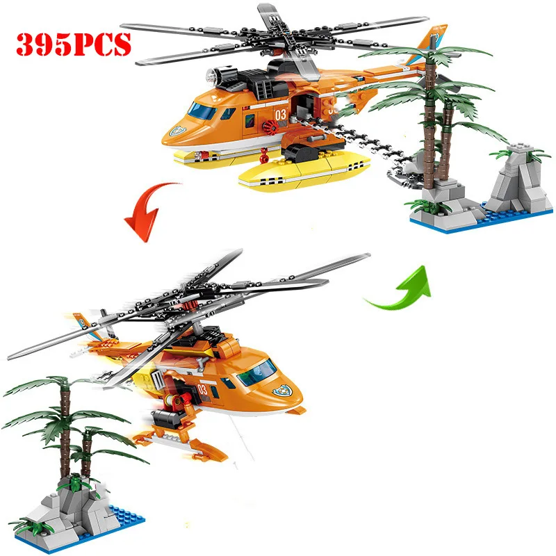 Конструктор детский городская Спасательная команда вертолет лодка кран