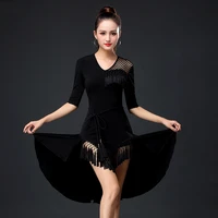 hot black lace mesh latin dance dress mid sleeve latin dance tassel dress for women female ballroom tango cha cha rumba costumes