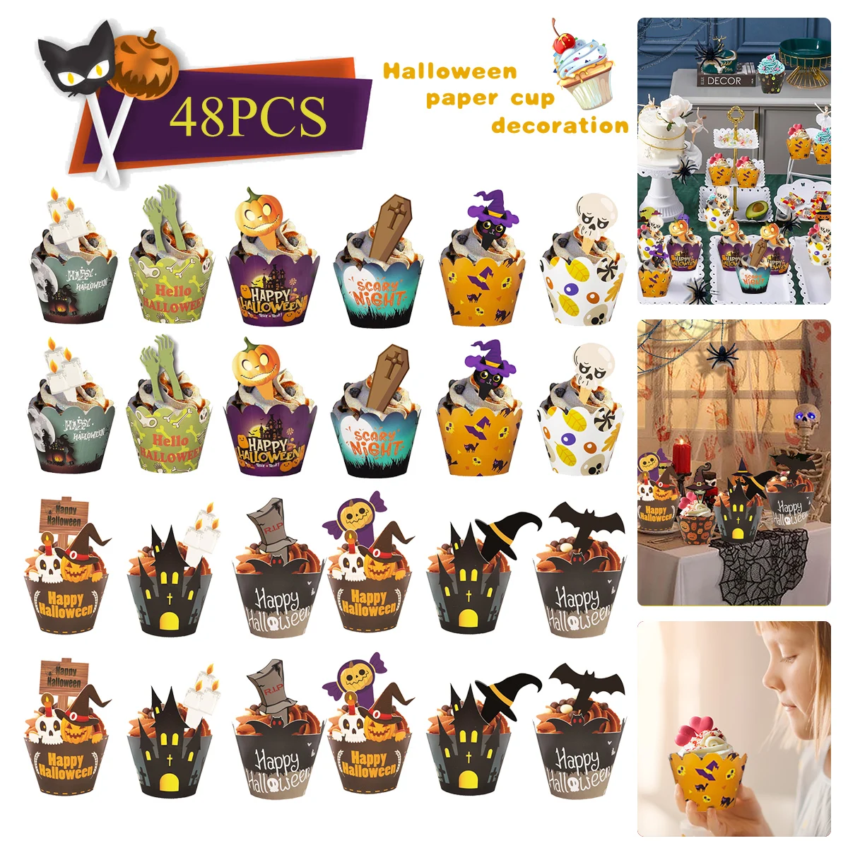 

48 шт., обертки для капкейков на Хэллоуин, топперы, тыква, ведьма, летучая мышь, торт на день рождения, маффины, Декор, украшения для домашней ве...