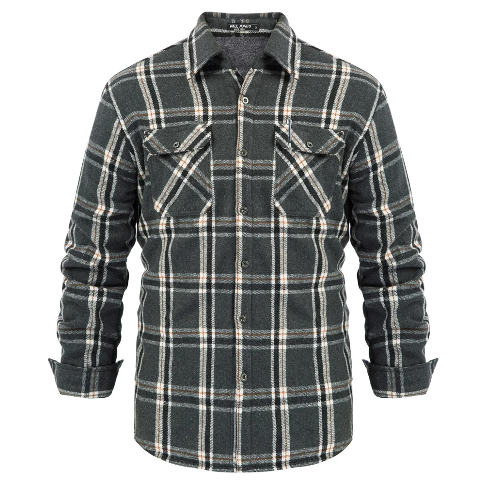

Autumn/winter Shirts Men Fleece Lined Plaided Shirt Tops Pockets Long Sleeve Brushed Fabric Warm Male Tops Casual Clothing Soft