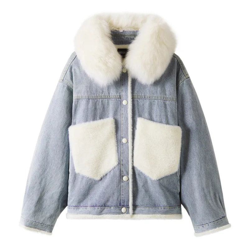 

fox fur collar denim cotton jacket women winter new style Outerwear plush warm denim parker cotton Overcoat surface flocking