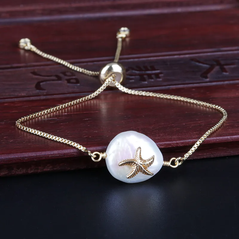 cute gold sea star starfish charm natural freshwater pearl bead connector thin link dainty bracelet for women birthday gift