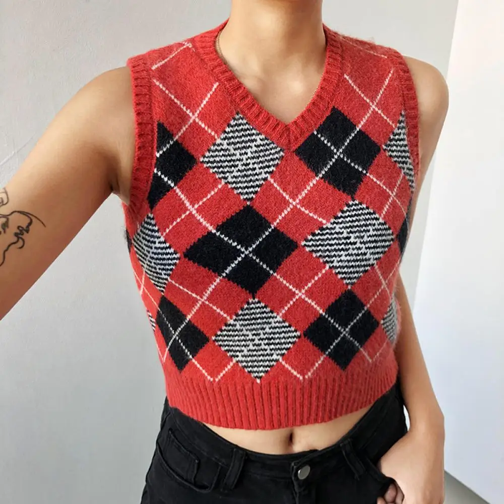 

V Neck Vintage Argyle Sweater Vest Plaid Crop Sweaters Sleeveless Preppy Style Tank Sweaters Casual Autumn Preppy Style 2021 top
