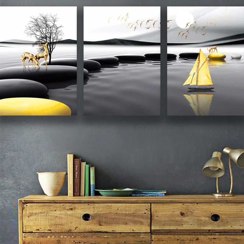 

Modern Landscape Poster Black Yellow Stone Boat Deer Wall Art Canvas Painting Nordic Print Wall Pictures Living room Decoration