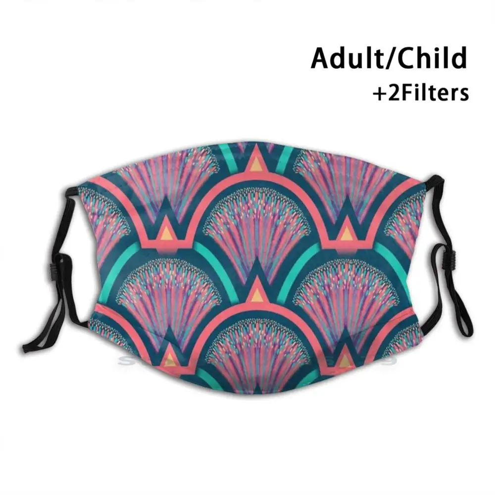 

Playful Art Deco Pattern Adult Kids Washable Funny Face Mask With Filter Art Scallop Colorful Pop Art Mid Century Modern