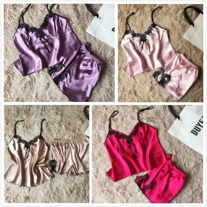 

New Summer Ladies Sexy Satin Lace Sleepwear 2Pcs Sling Top + Shorts Babydoll Lingerie Nightdress Pajamas Suit