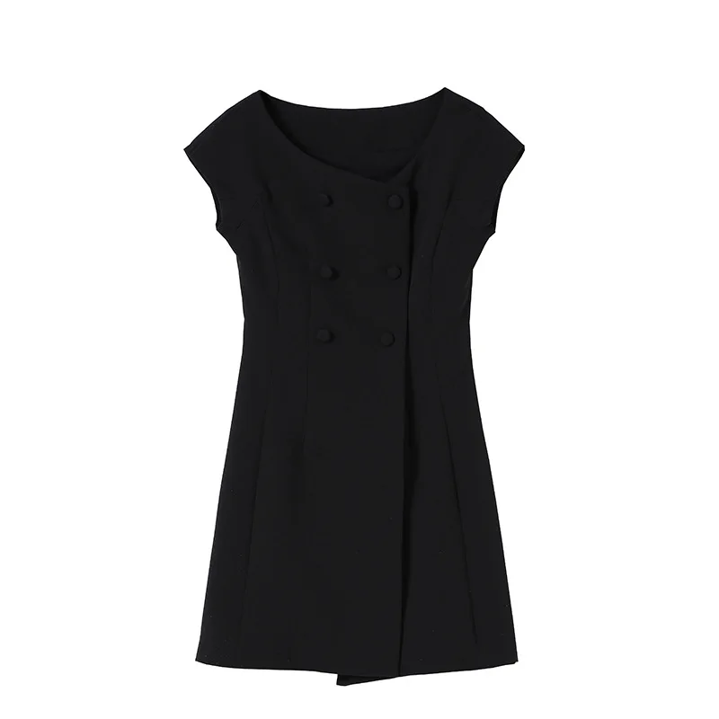 

2021 spring and summer new women's dress with one line collar temperament celebrity double row button up slim dress gold classic
