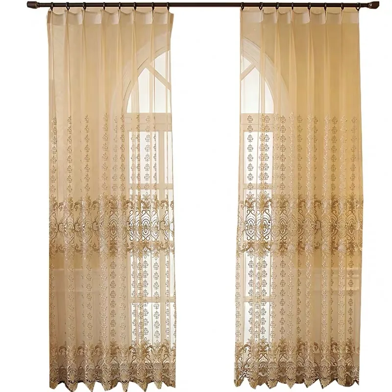 

European Luxury Beige Tulle Curtains for Living Room Embroidered Hollow Chenille Elegant Sheer Tulle Balcony Drapes zh445C