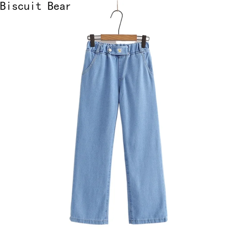 

Solid High Waist Jeans Women 2021 Spring New Floral Embroidery Denim Wide Leg Pants Blue Washed Female Pockets Trousers