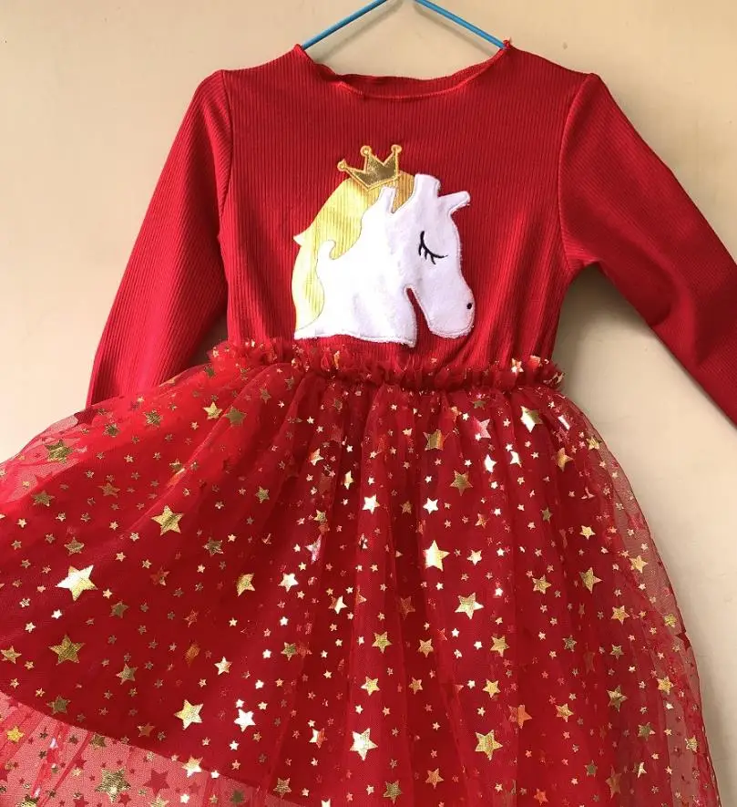 Christmas Dresses For Girls Long Sleeve Party Casual Crown Bling Star Girl Spring Autumn Dress Children Baby Princess Clothes | Детская