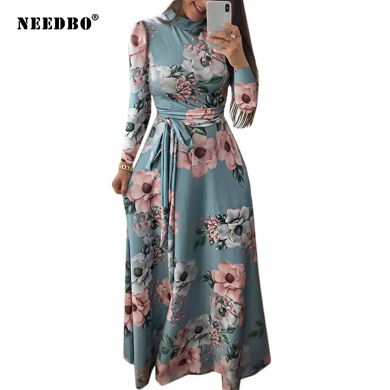 

NEEDBO летнее платье большого размера 5XL с цветочным принтом А-силуэта Макси платье в стиле бохо с длинным рукавом и поясом повседневное Ретро ...