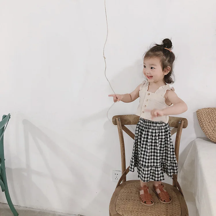 Летний модный жилет для маленьких девочек + клетчатая юбка костюмы из 2 предметов