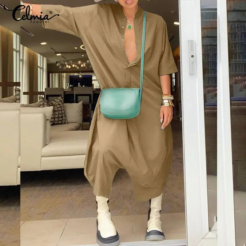 

Celmia Autumn O Neck Button Overalls Casual Loose 3/4 Sleeve Solid Oversized Jumpsuits 2022 New Fashion Drop Crotch Capri Romper