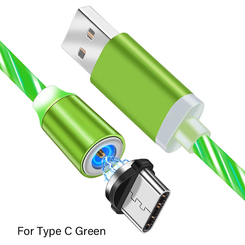 Магнитный зарядный кабель светодиодный светящийся струящийся usb-кабель для зарядки типа C/Micro USB/8 Pin провод для быстрой зарядки освещение для iPhone 8 Android USBC - Цвет: Green For Type C