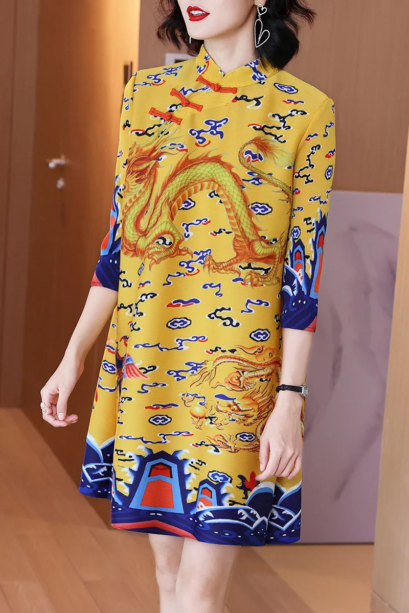 

Vintage Dress For Women Plus Size 45-75kg Spring Chinese Style Printed Stand Collar Loose Yellow Dress Above The Knees