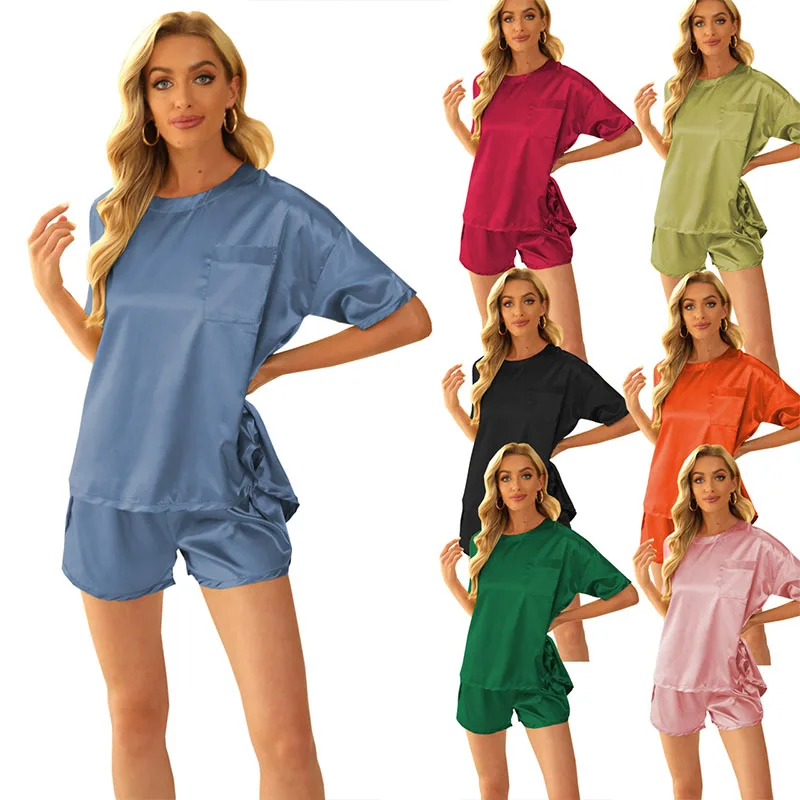 

ZKYZWX Satin Homewear Two Piece Set Summer Outfits for Women Short Sleeve T Shirt Top Loose Shorts Loungewear Matching Sets