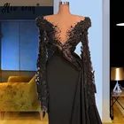 Арабский черный v-образный вырез, длинное вечернее платье платья 2021 с длинными рукавами и жемчугом пикантные туфли в винтажном стиле; Платья для выпускного вечера для женщин Свадебная вечеринка платье