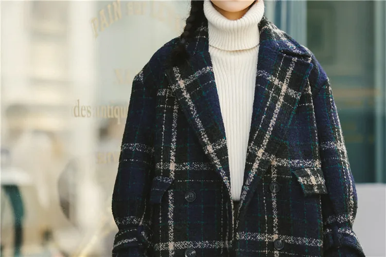 Manteau 2020 осенне зимнее длинное шерстяное пальто в клетку женское винтажное