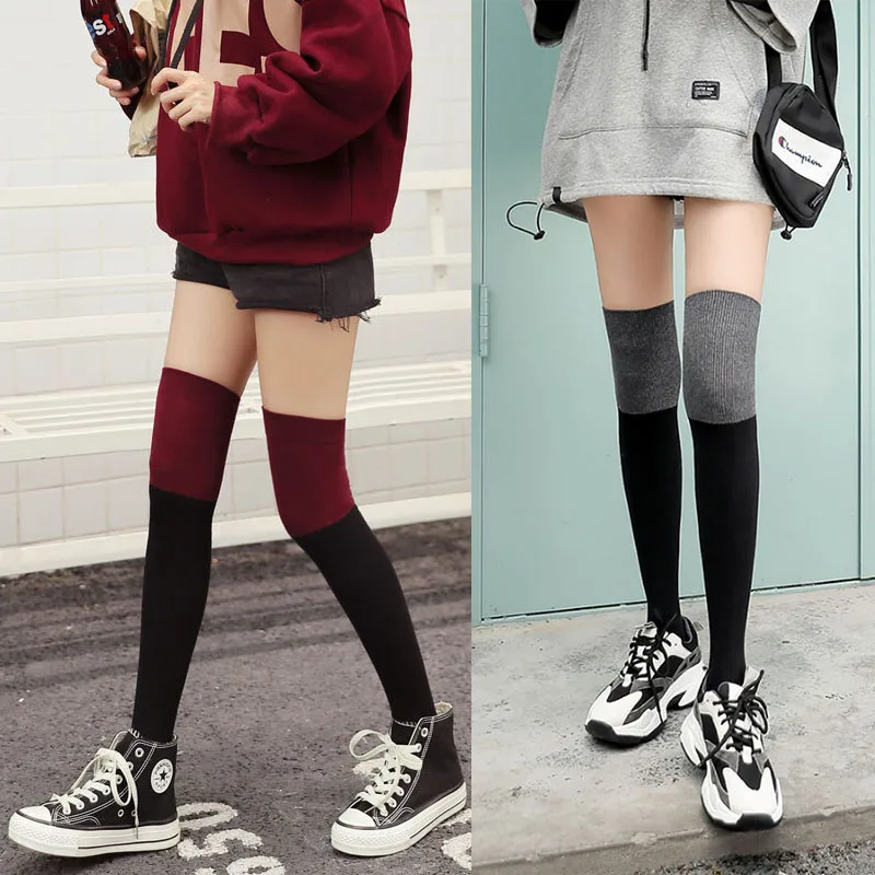 Женские носки модные Лоскутные Чулки повседневные Хлопковые гольфы до бедра для