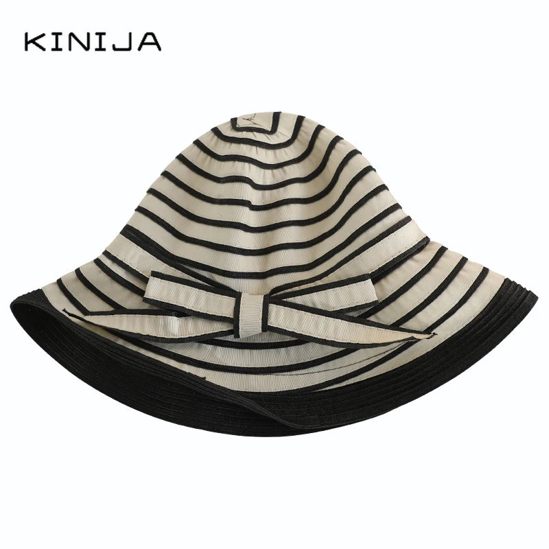 Женская пляжная шляпа Hepburn летняя Панама в полоску с бантом и большими полями