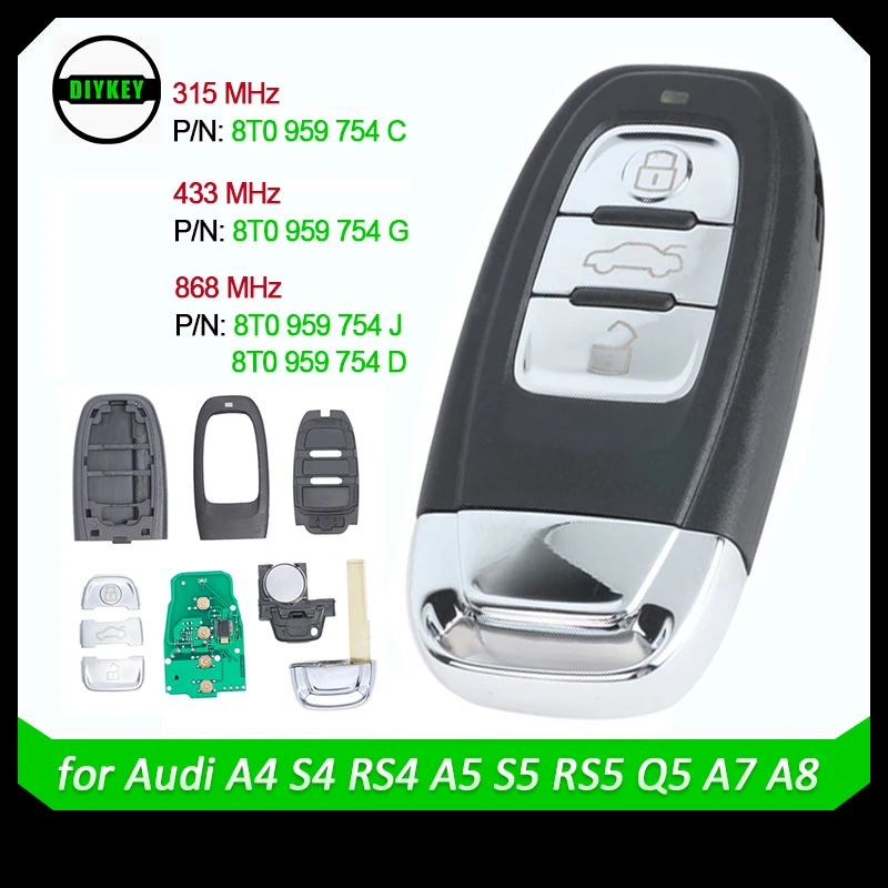 

DIYKEY 8T0 959 754 C / G / D / J 3 Button Smart Remote Key 315MHZ/433MHZ/868MHZ For Audi Q5 A4L A5 A6 A7 A8 RS4 RS5 S4 S5