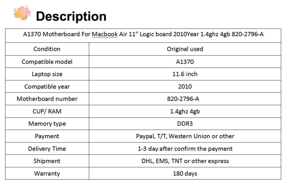 A1370 материнская плата для Macbook Air 1" материнская плата 2010 год 1,4 ГГц 2 Гб 820-2796-A